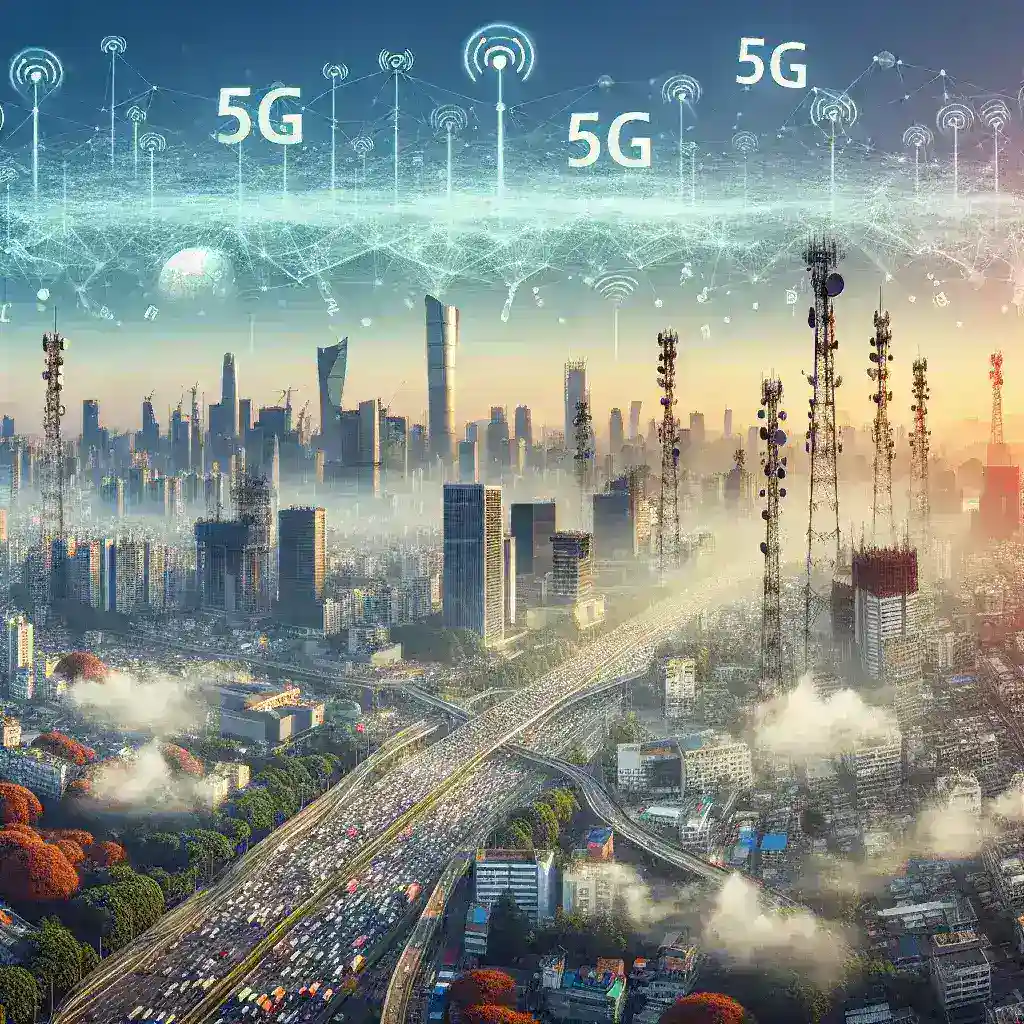 "Imagem ilustrativa destacando os efeitos ambientais e sociais da expansão do 5G em grandes cidades, com gráficos e dados sobre poluição e infraestrutura."